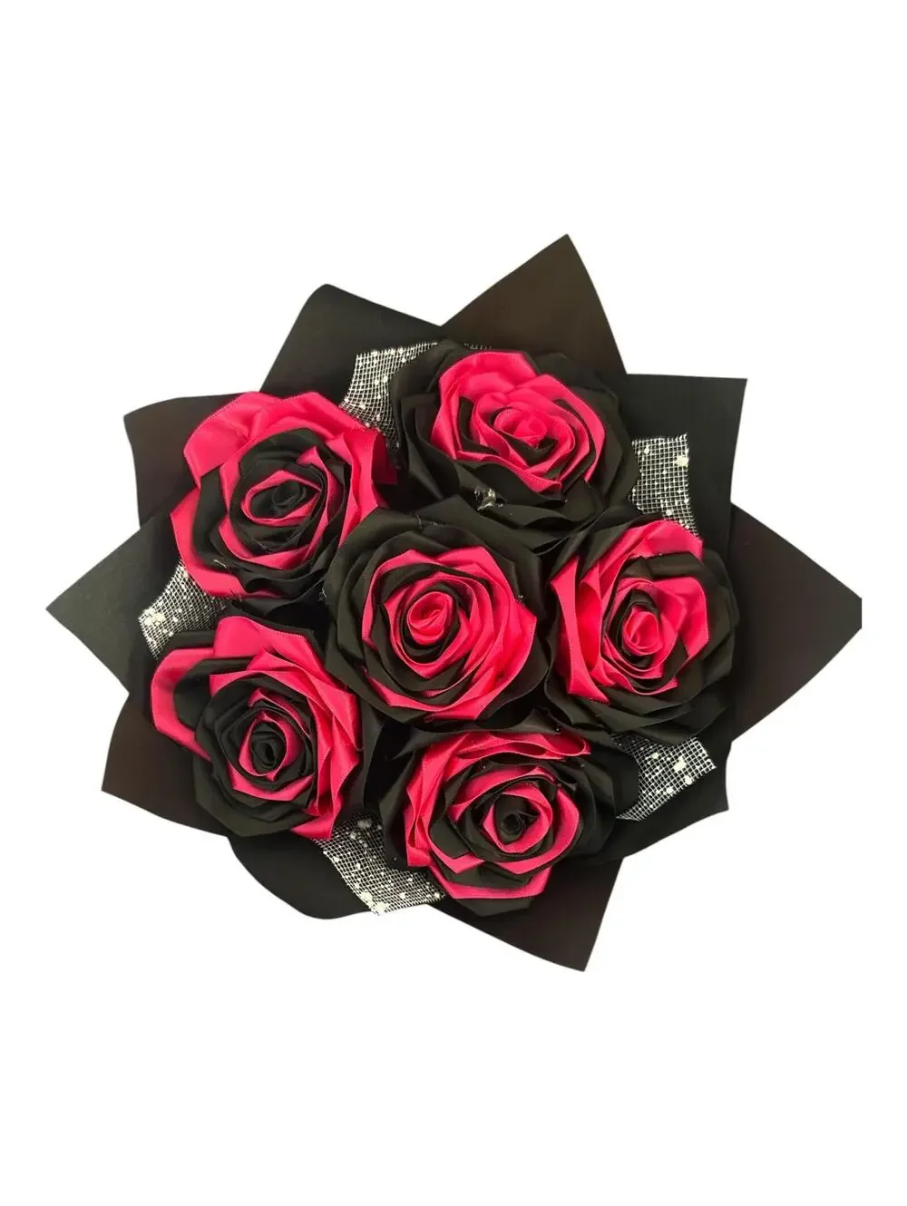Handmade Black and Hot Pink Satin Rose Bouquet with Satin Ribbon